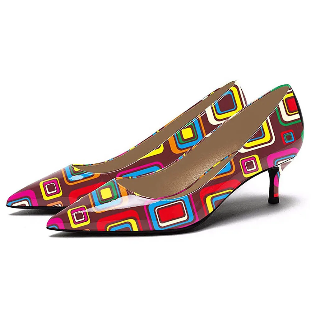 YDN Fancy Multicolor Square Print Pointed Toe Pumps Heels