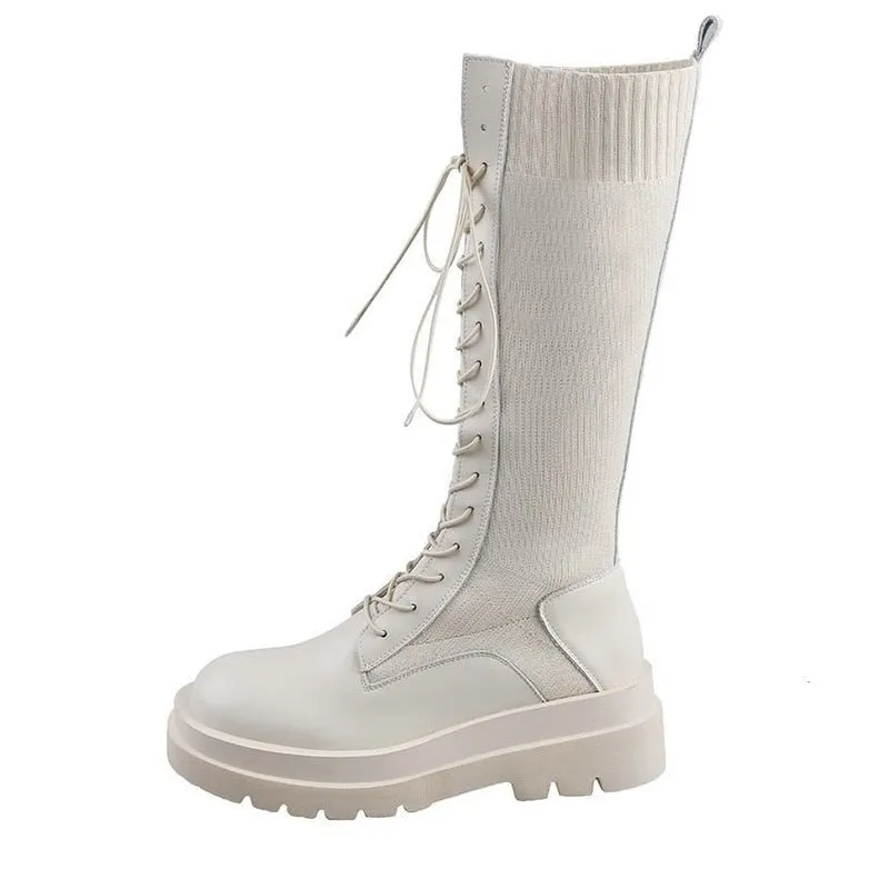 New Women Boots Mid Calf Boots Solid Color Lace Up Female Boots Platform Non Slip Zipper Ladies Fashion Motorcycle Shoe 2021