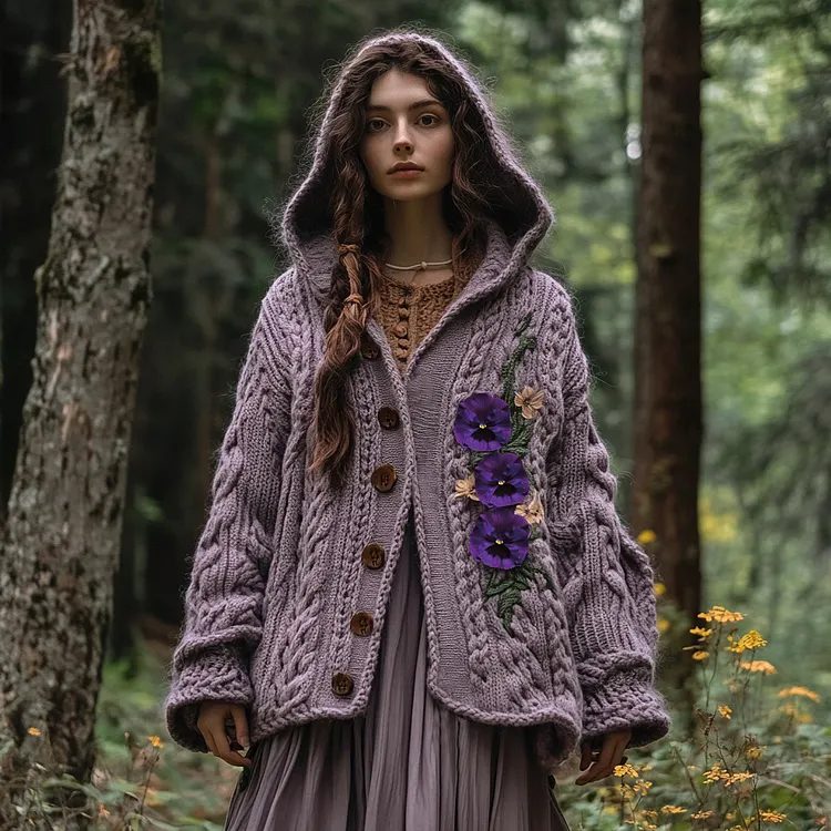 Women's Vintage Purple Pansy Embroidery Chunky Knit Hooded Cardigan