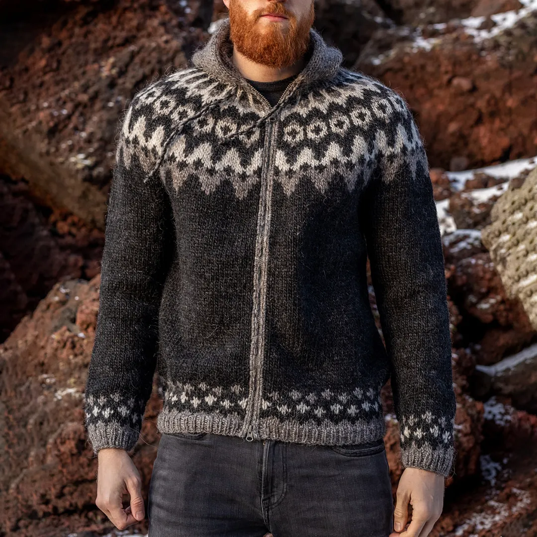 Retro Graphics Iceland Jacquard Zipper Up Hooded Sweater