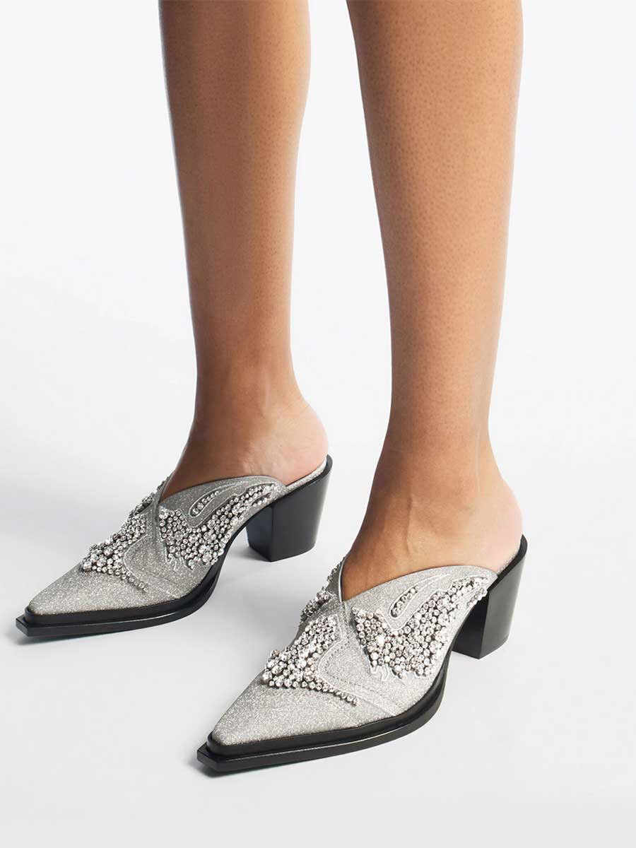 Metallic Silver Snip Toe Rhinestone Embellished Block Heel Mules Nicepairs
