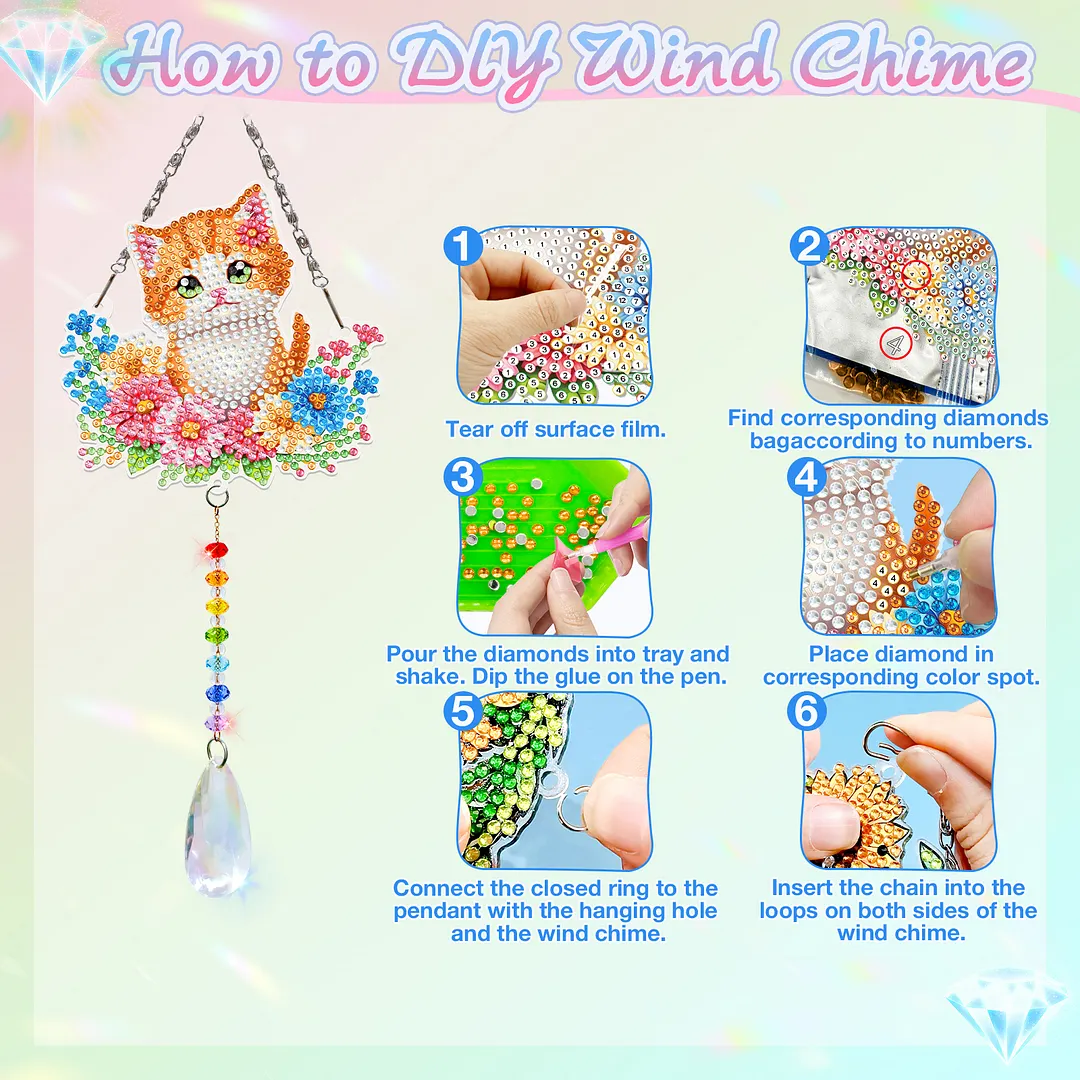 2Pcs Flower Kitten DIY Acrylic Diamond Painting Art Wind Chimes with Crystal Pendant Diamond Art Hanging Pendant Double-Sided for Adults Beginners Gift Home Garden Decor