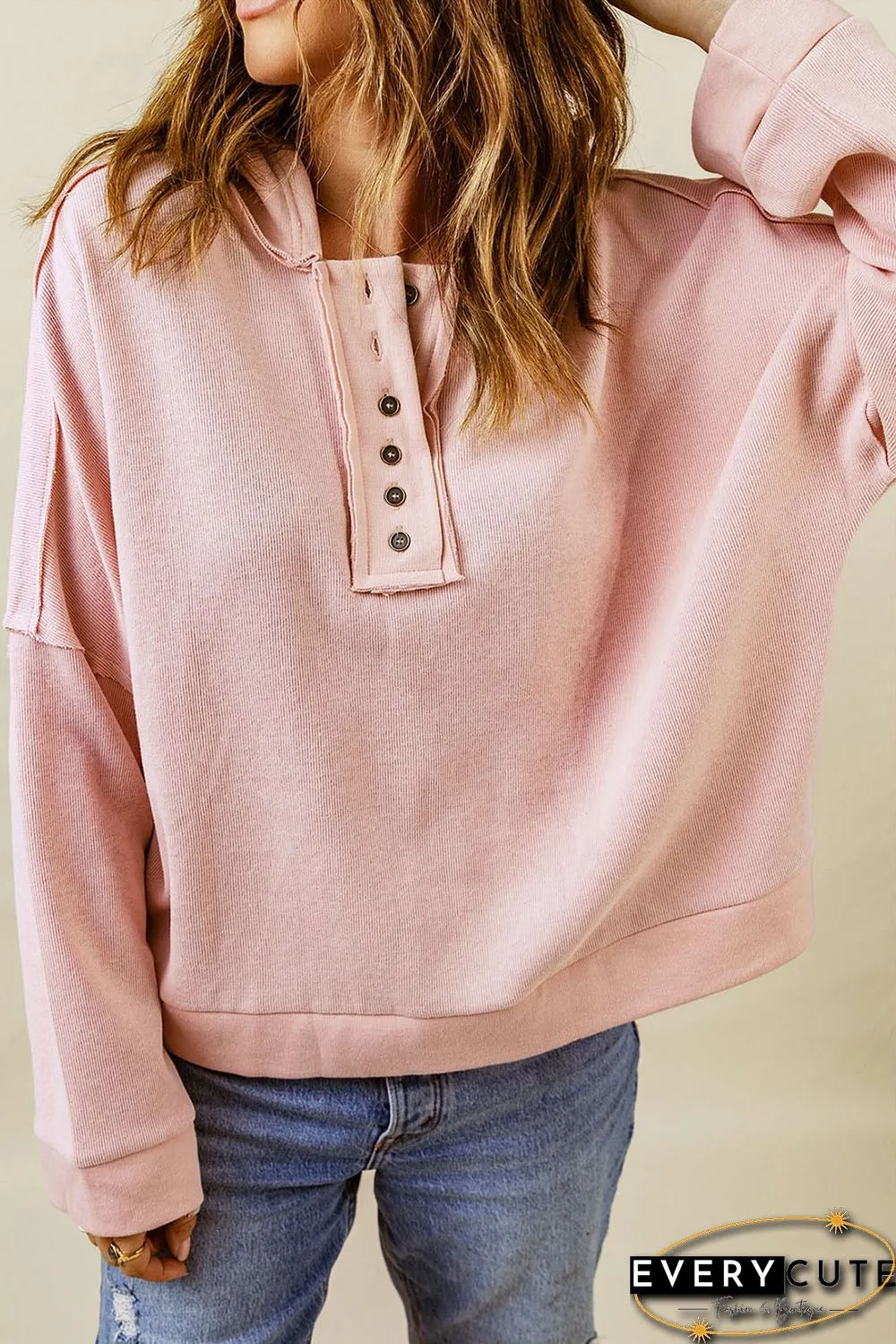 Pink Casual Button Solid Patchwork Trim Hoodie