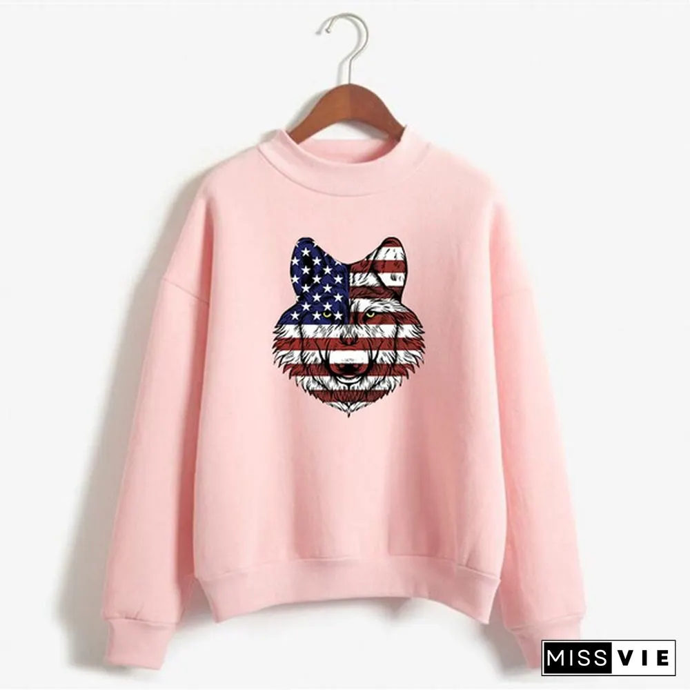 Women's Fashion Print Short Casual Pullover Loose Middle Collar Sweater
