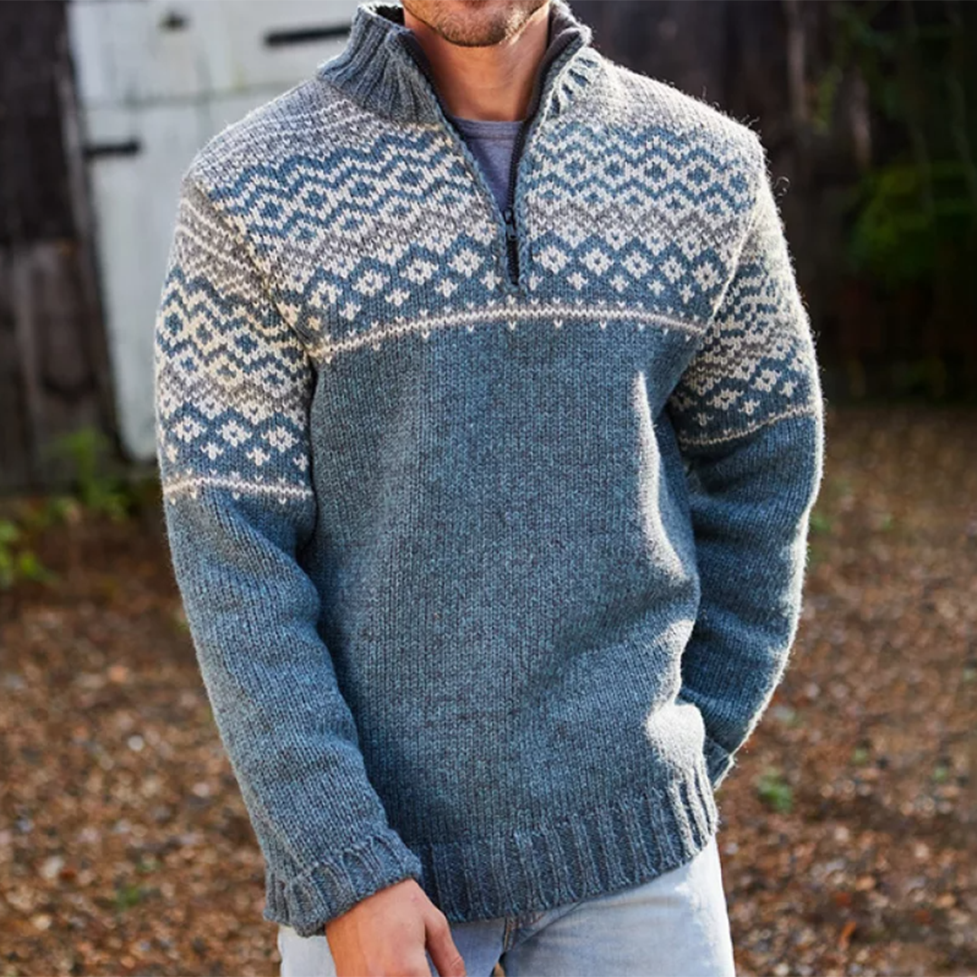 Mens Vintage Fair Isle Knitted Half Zip Collar Sweater