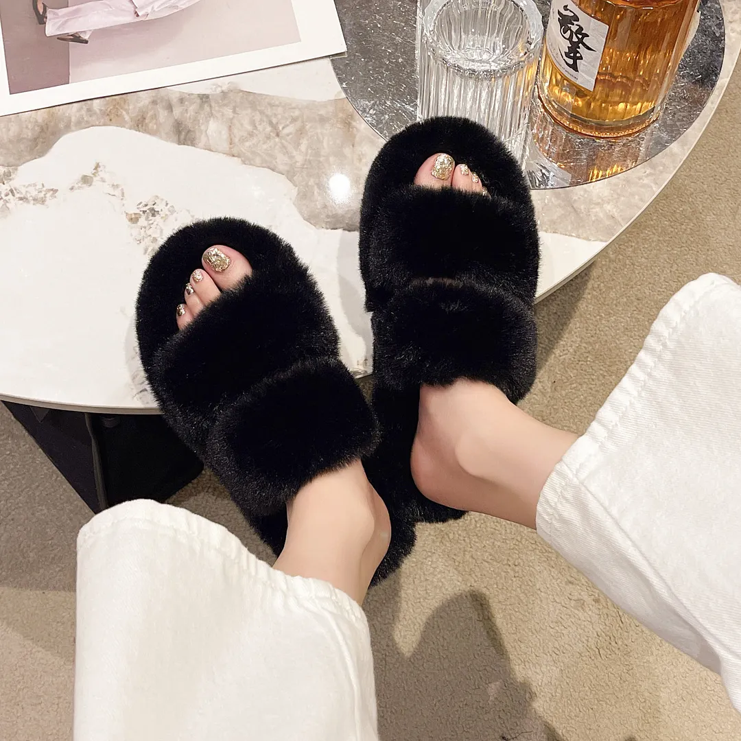 Yyvonne Slippers Women 2025 New Autumn And Winter Fashion Hairy Slippers Women Wear A Word Drag