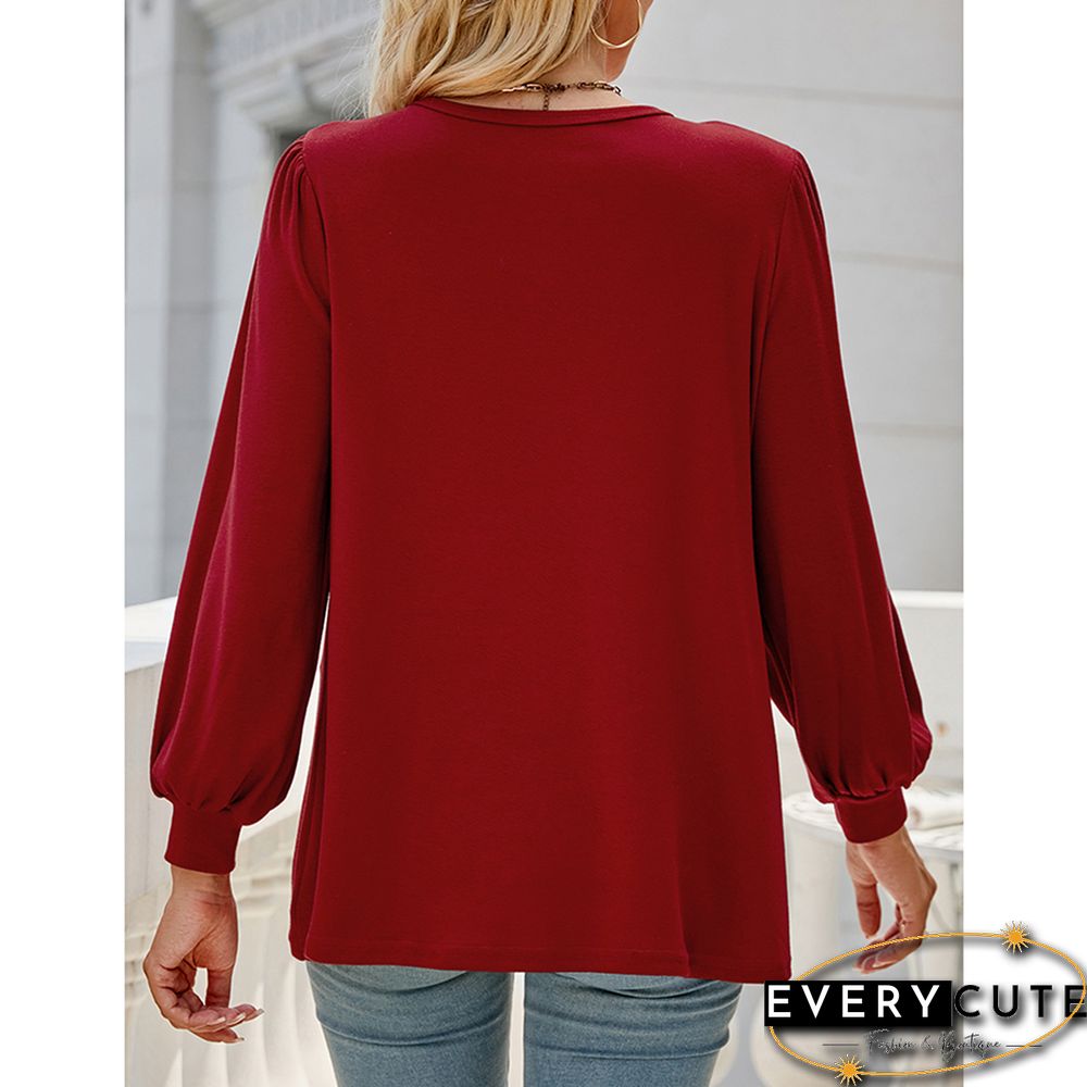 Red Crew Neck Pleated Puff Sleeve Tops