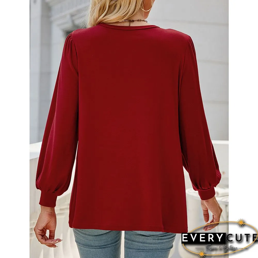 Red Crew Neck Pleated Puff Sleeve Tops