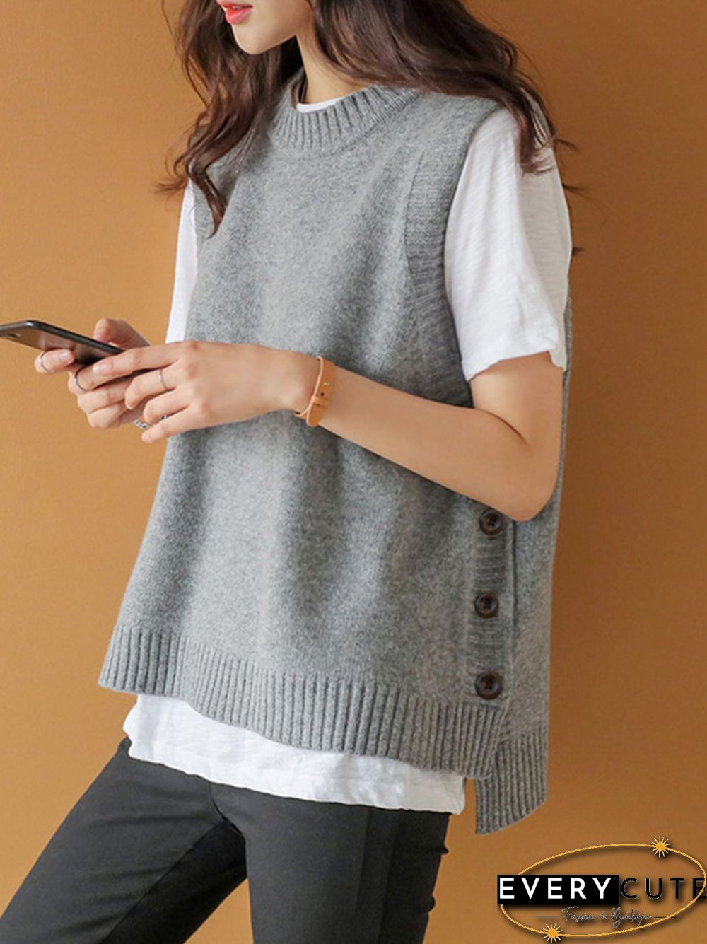 Simple Sleeveless Loose Buttoned Solid Color Round-Neck Sweater Vest Outerwear
