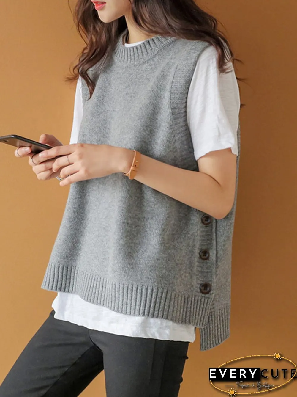 Simple Sleeveless Loose Buttoned Solid Color Round-Neck Sweater Vest Outerwear