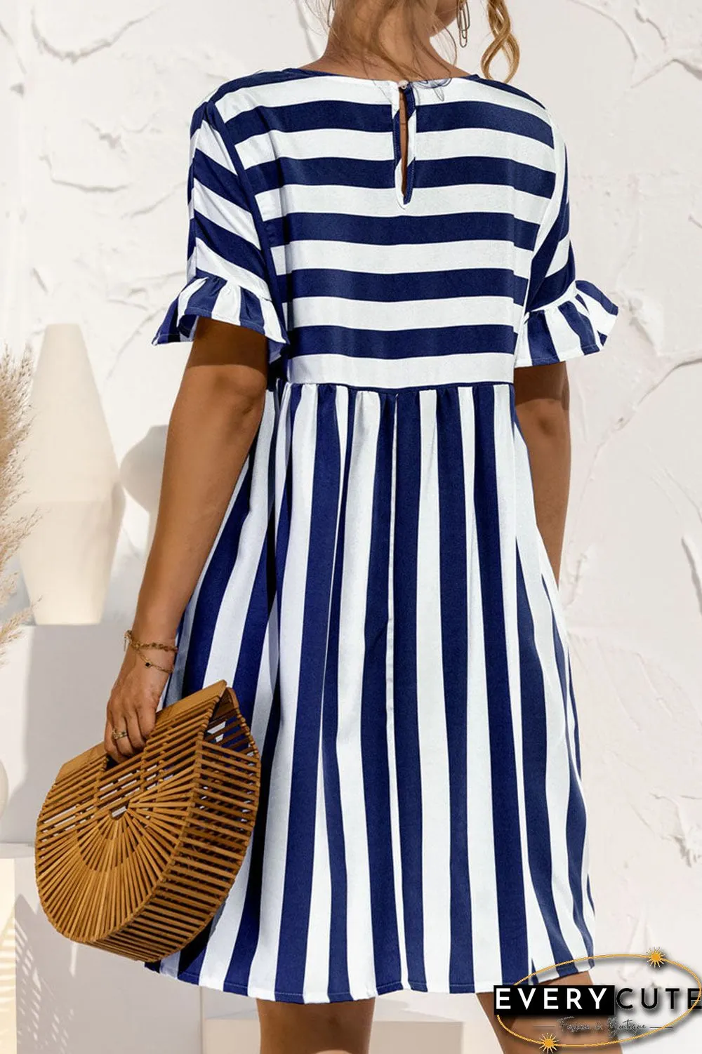 Fashion Casual Striped Split Joint O Neck A Line Dresses