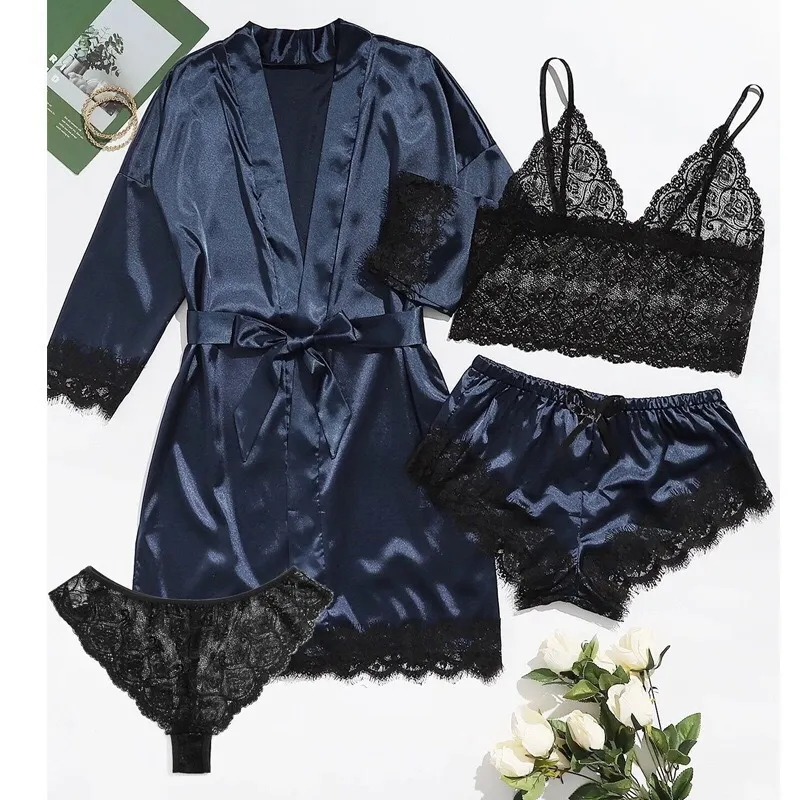 Churchf 2021 New Ladies Pajamas Four-Piece Sexy Sling Skirt Set Home Lace Pajamas Set