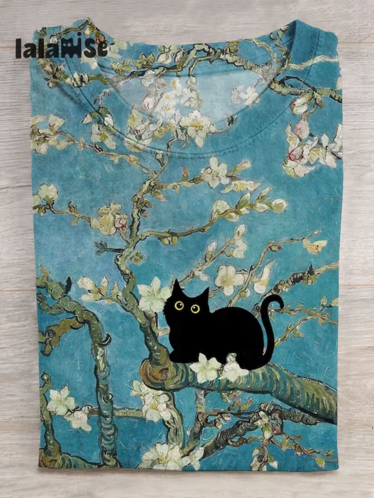 Funny Black Cat Flower Art Print Design T - Shirt As Picture / S