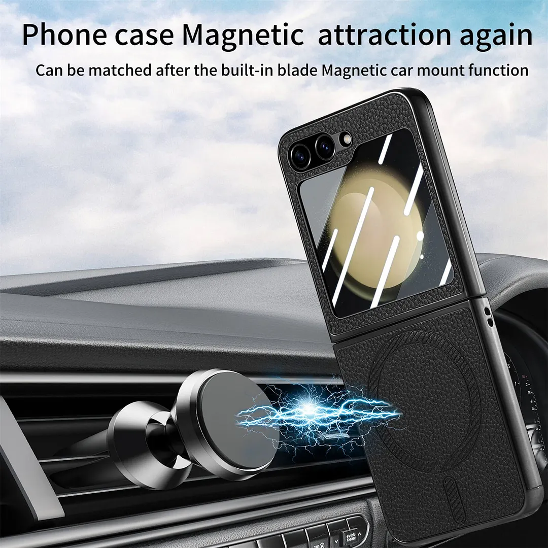 Luxury Wireless Charger Lichi Plating Case With Glass For Samsung Galaxy Z Flip 6 5 4 Mobile phone case