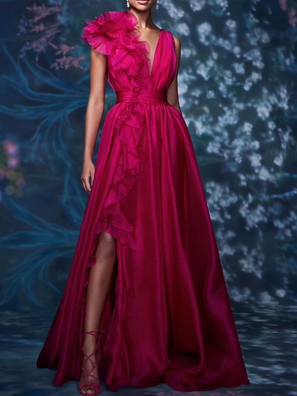 V-neck Solid Color Maxi Dress