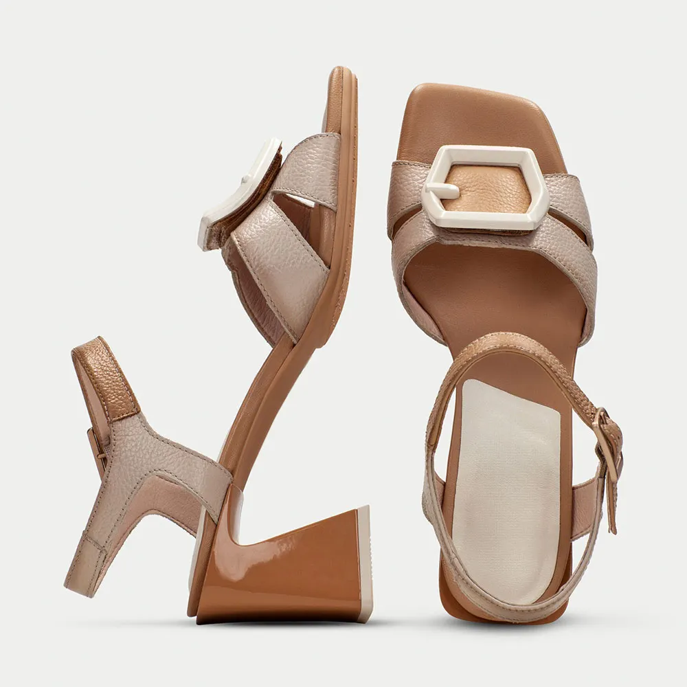 Brown & Beige Open Square Toe Ankle Strap Buckle Women's Sandals