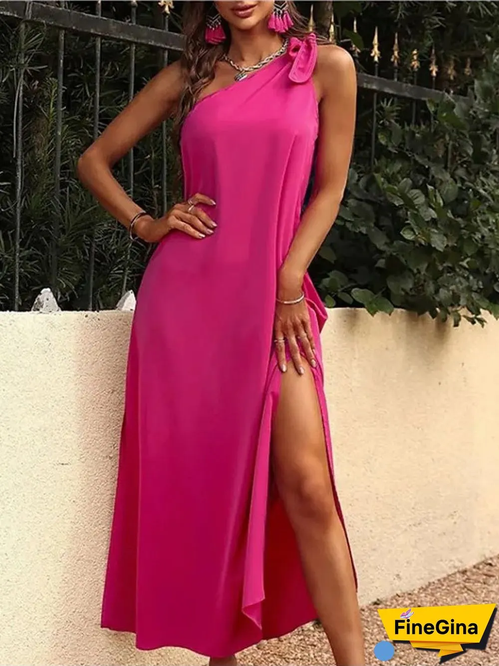 Women'S Dresses Solid Slanted Shoulder Sleeveless Slit Dress