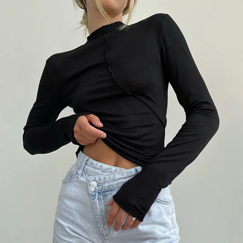 Brownm Split Line Long Sleeve Half Turtleneck Tops