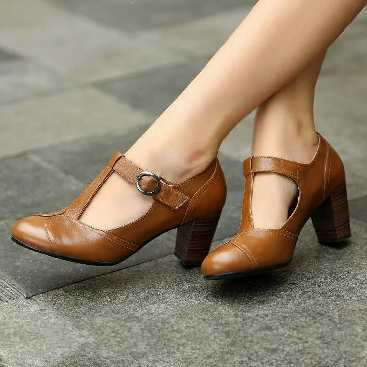 Tan Vintage Chunky Heel T-Strap Pumps Vdcoo
