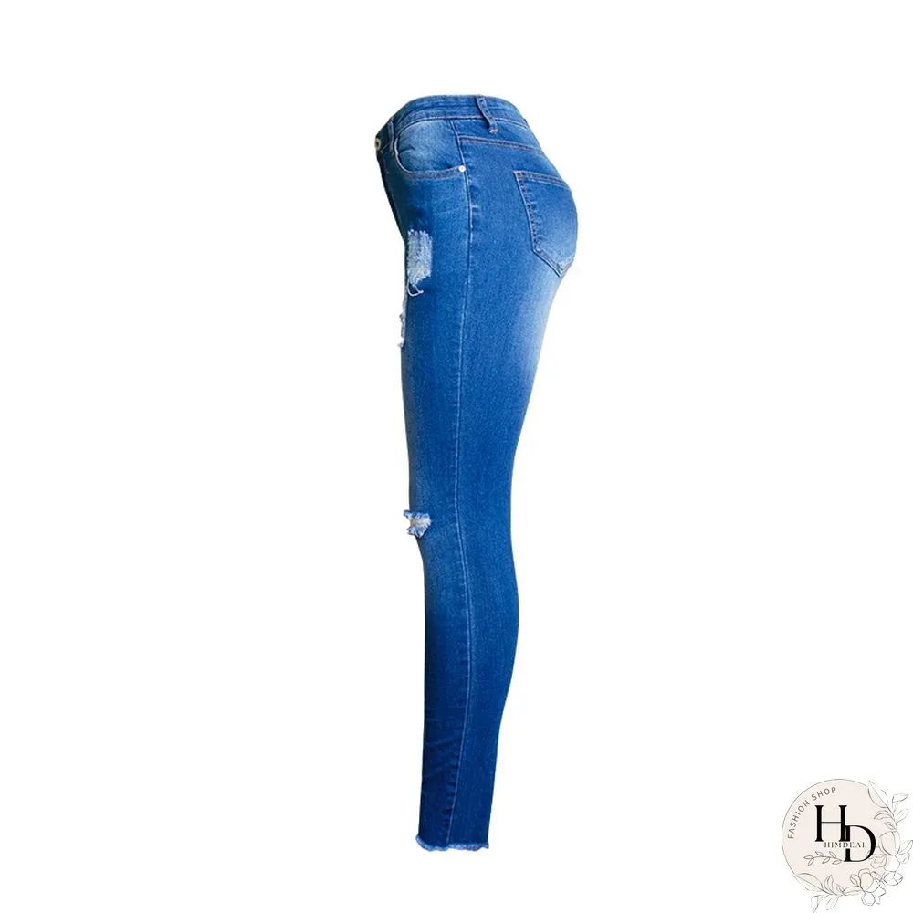 Fashion-Spring And Summer Hot Selling Small Leg Pants Broken Holes Stretch Slim Body Patchwork Color Pencil Pants Woman