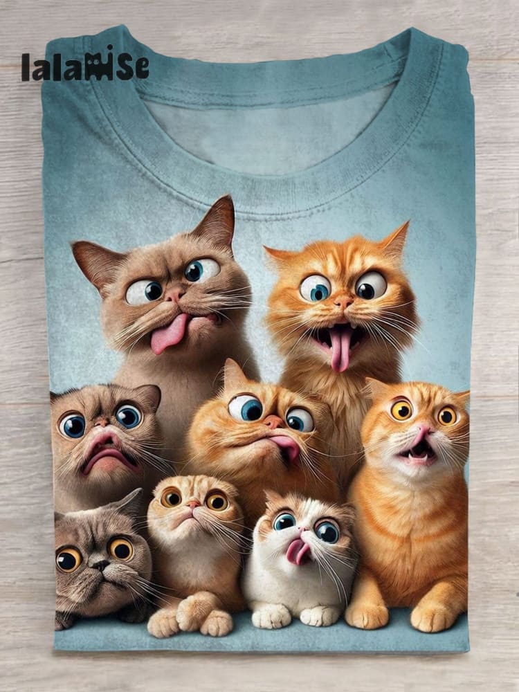 Funny Cat Art Print Short Sleeve Casual T - Shirt Multicolor / S
