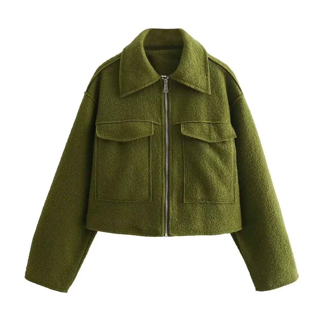 Nigikala Nigikala Spring/Autumn Festival New Women's Collar Large Pocket Zipper Short Long-Sleeved Jacket B88684