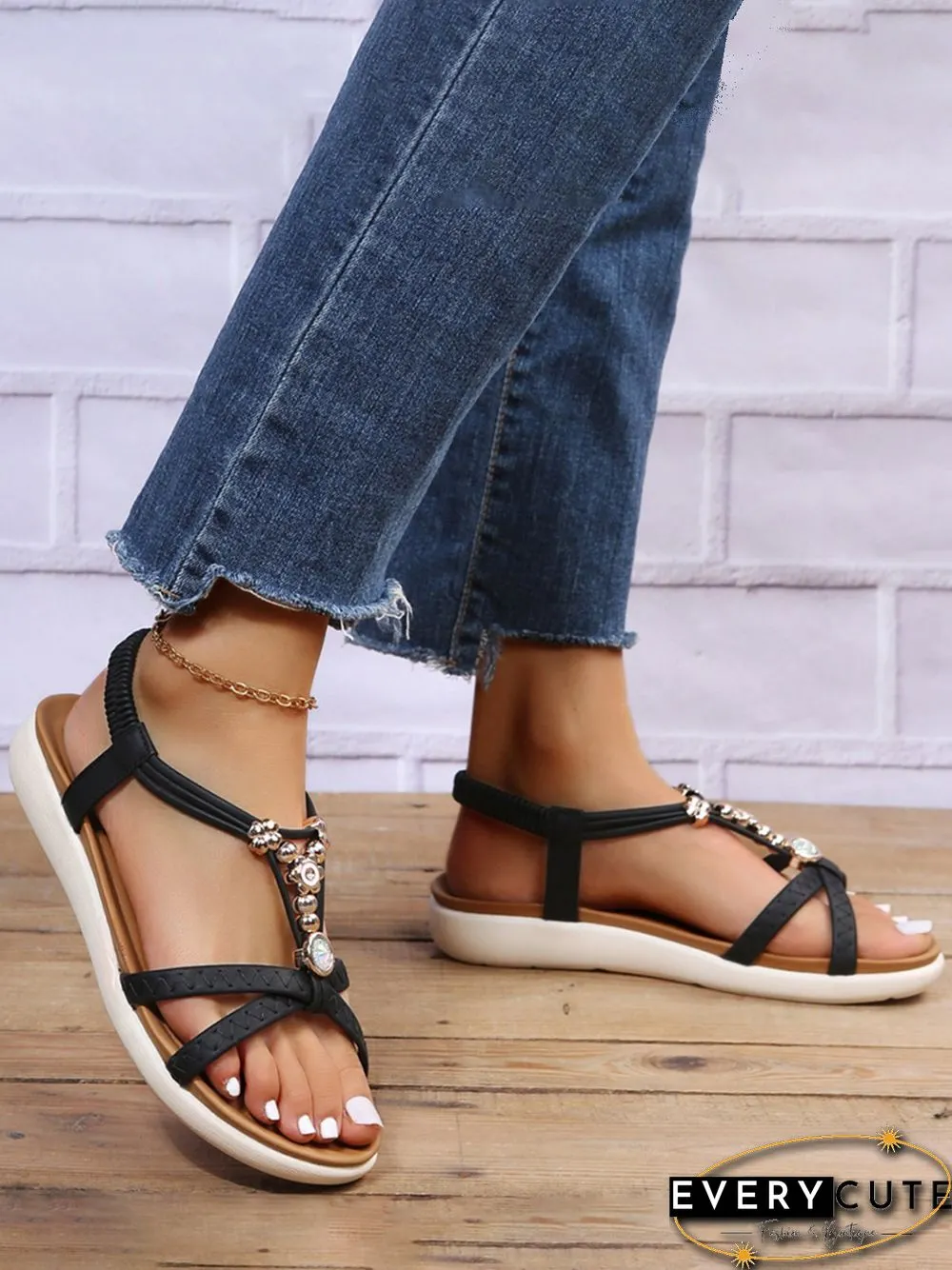 Moonstone Beaded Thin Strap Cross Boho Casual Sandals
