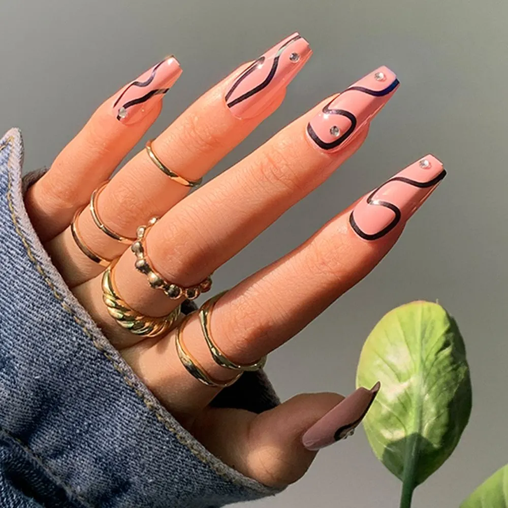 24pcs White Waves Printed False Nail Patch Glue Type Removable Long Paragraph Fashion Manicure Coffin Fake Nail Ballerina Art