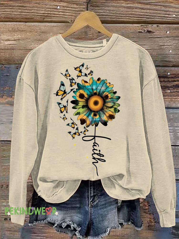 Sunflower Butterfly Faith Print Casual Sweatshirt Beige / S