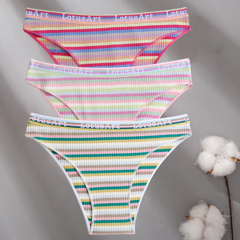 Billionm Women Cotton Colorful Stripe Panties Sexy Intimate Underwear Female Soft Solid Briefs Low Waist Underpant Soft Lingerie