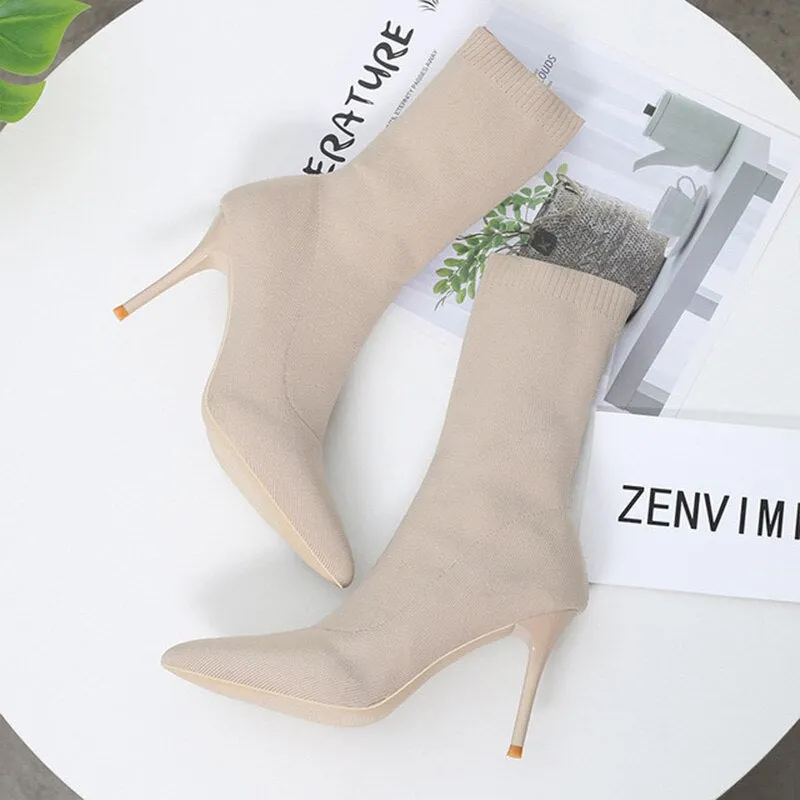 2020 Spring Autumn Sexy Sock Pointed Boots Large Size 42   High Heels for Women Fashion 7cm Glamour Black Ankle Boots  Female