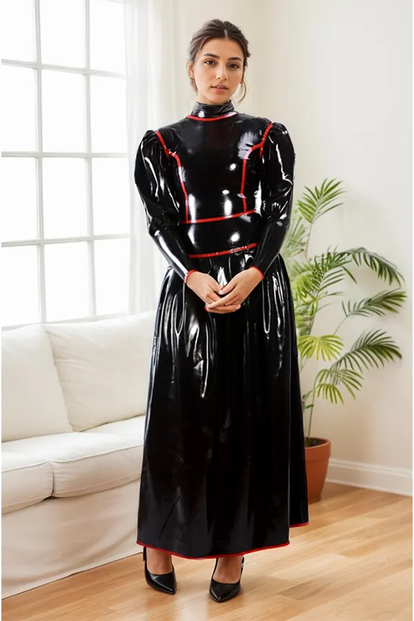 Women Latex Dress Black Victorian Puff Sleeve