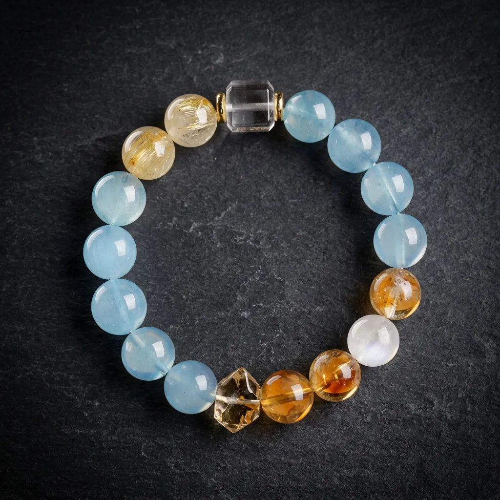 JiStones 'Smooth Sailing' Collection: Natural Aquamarine & Citrine Prosperity Bracelet Serene Flow - 10mm (Petite)-Standard Elastic