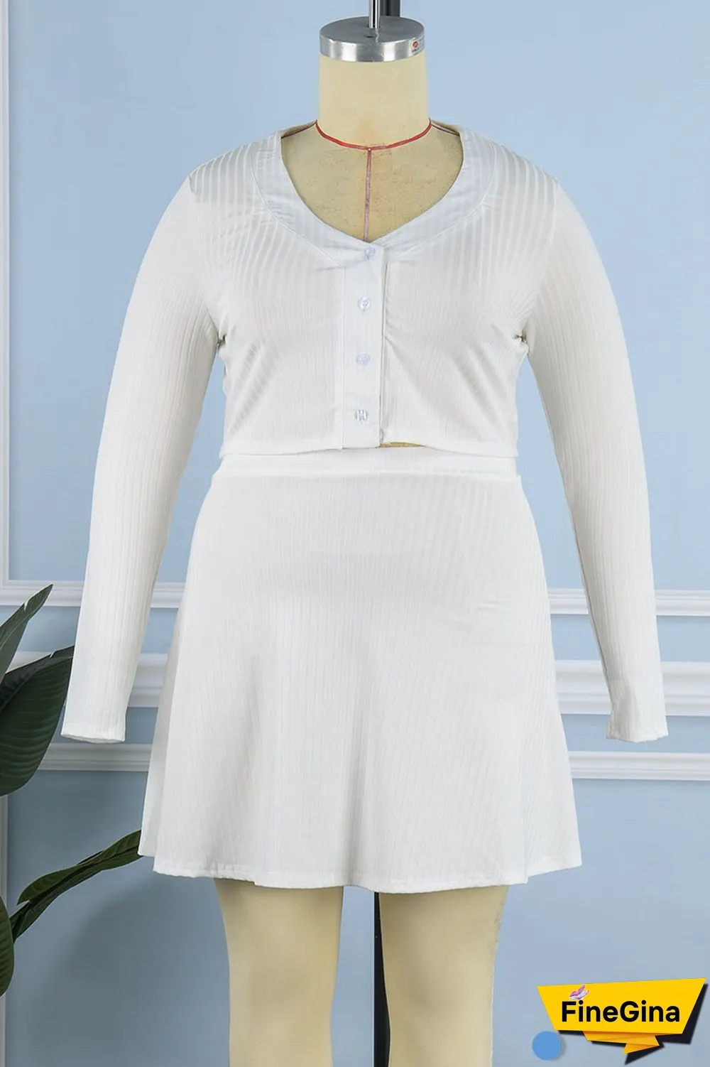 White Casual Solid Patchwork Buckle Plus Size Two Pieces
