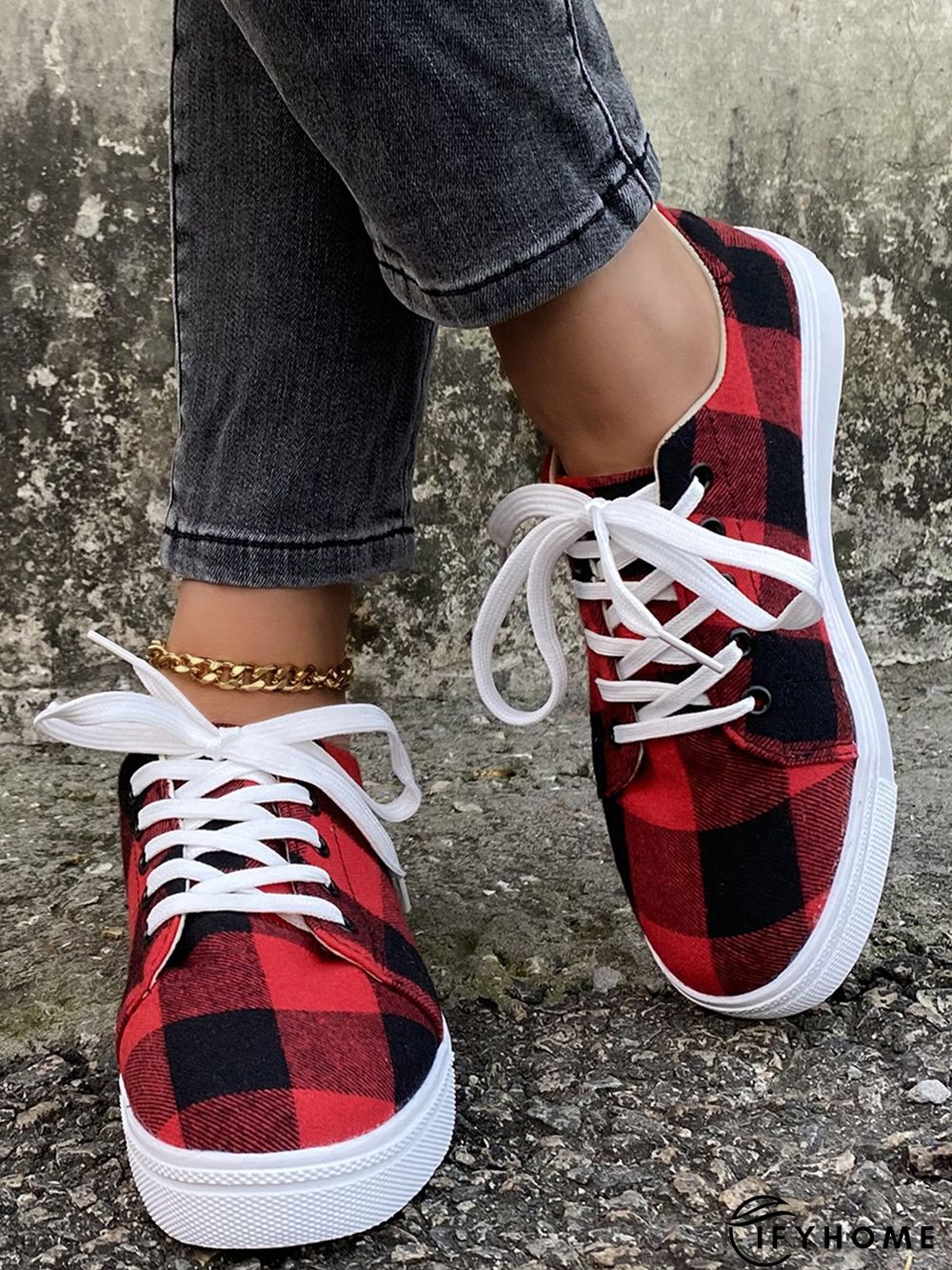 Christmas Red Plaid Black And White Plaid Leopard Casual Flat Shoes | IFYHOME