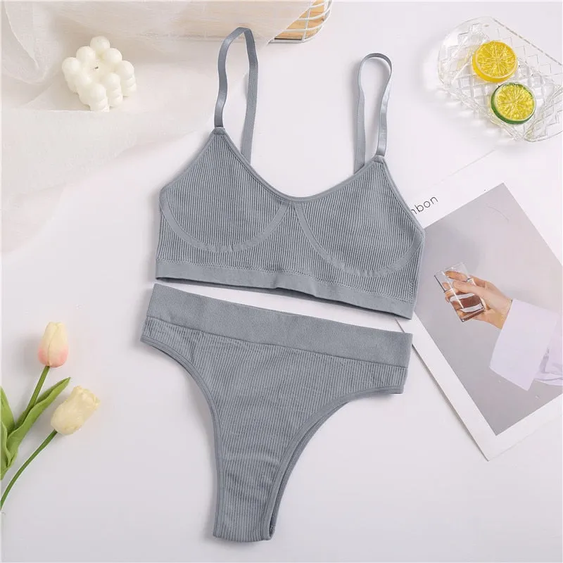 FINETOO Women Bra Set Female Underwear Bralette Ribbed Tops Girls Sexy Lingerie Basic Stretchy Brassiere Tank Crop Tops Suit New