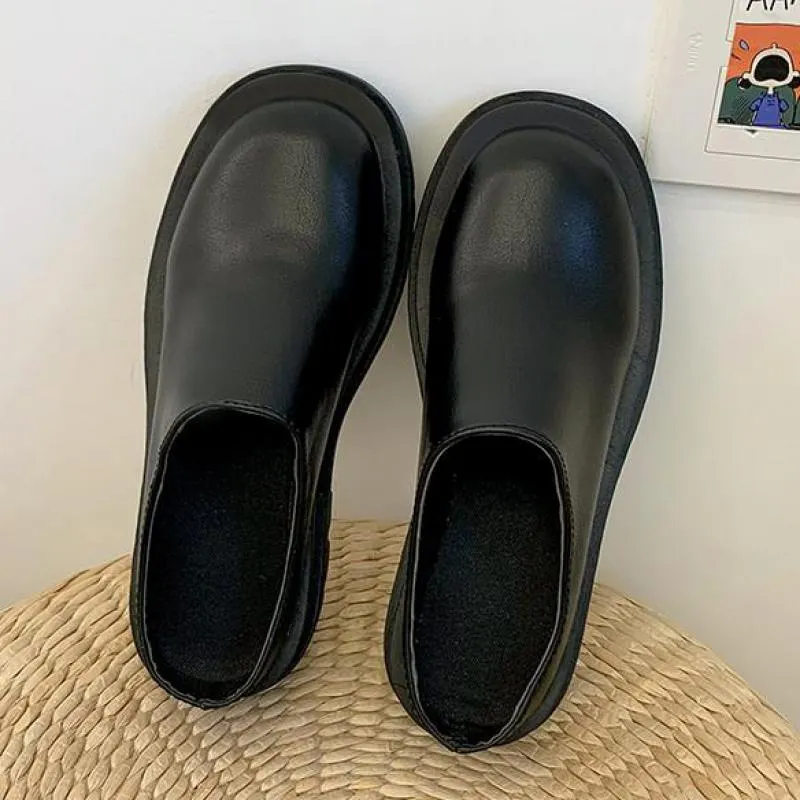 Women Slippers 2021 Summer Fashion Closed Toe Leather Shoes Loafers High Platform Black Heels Mules Ytmtloy Wedges Indoor
