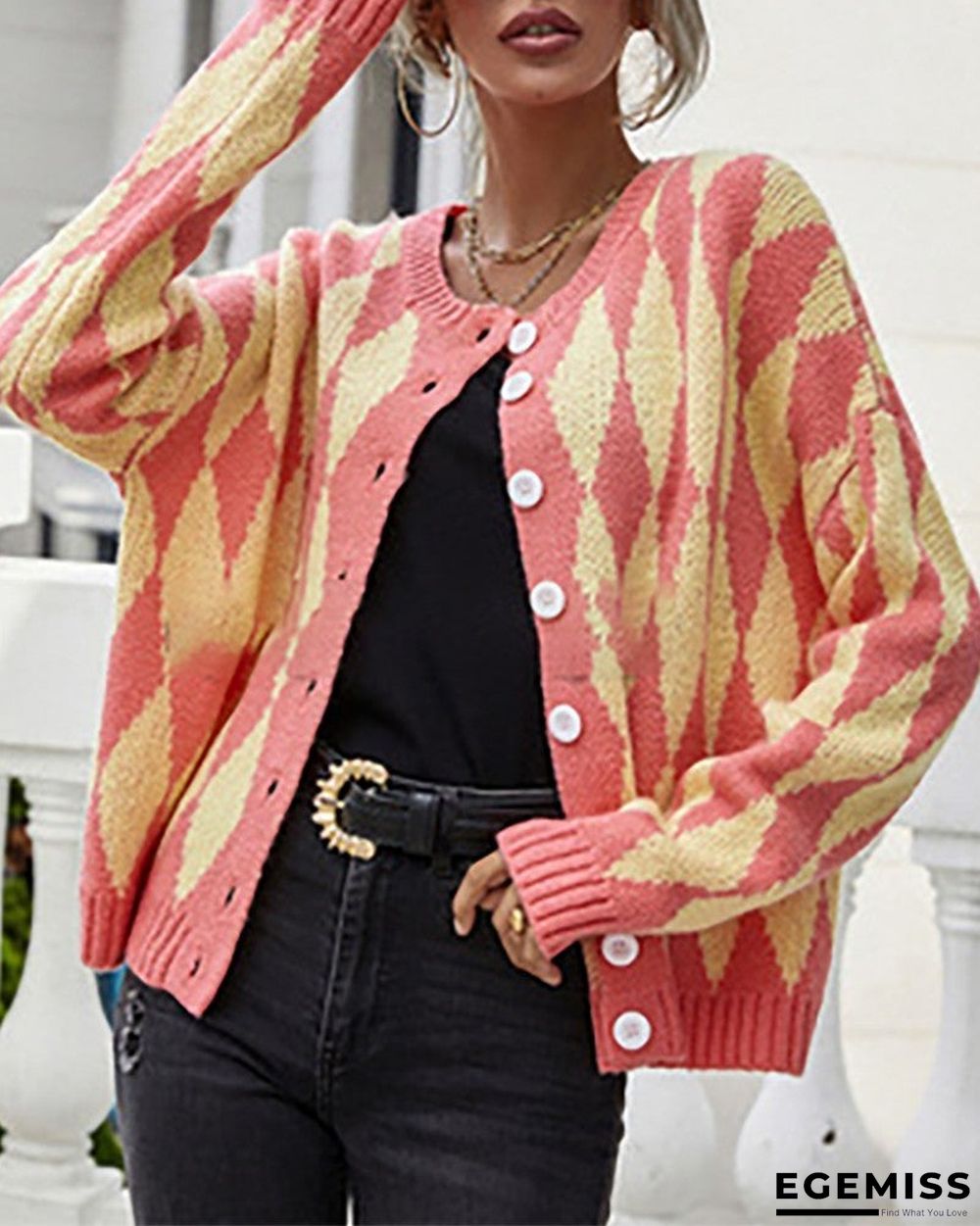 Argyle Print Colorblock Buttoned Long Sleeve Cardigan | EGEMISS
