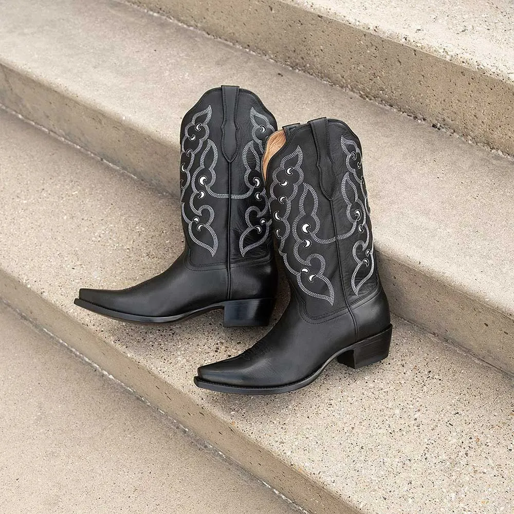 Black Snip Toe Chunky Heel Cut Out Embroidered Cowboy Boots for Women