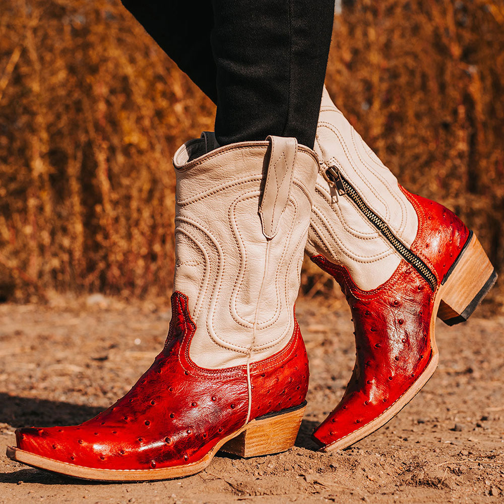 Red & White Vegan Leather Snip Toe Zip Embroidered Cowgril Boots   