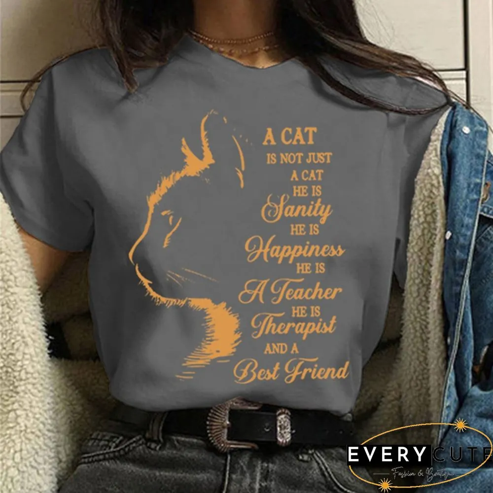Women and Girls Cat&Letter Print Short Sleeve T-shirt Summer Short Sleeves Womens Solid Color Tees Tops Graphic Cute Cat Shirts Gifts for Cat Lovers