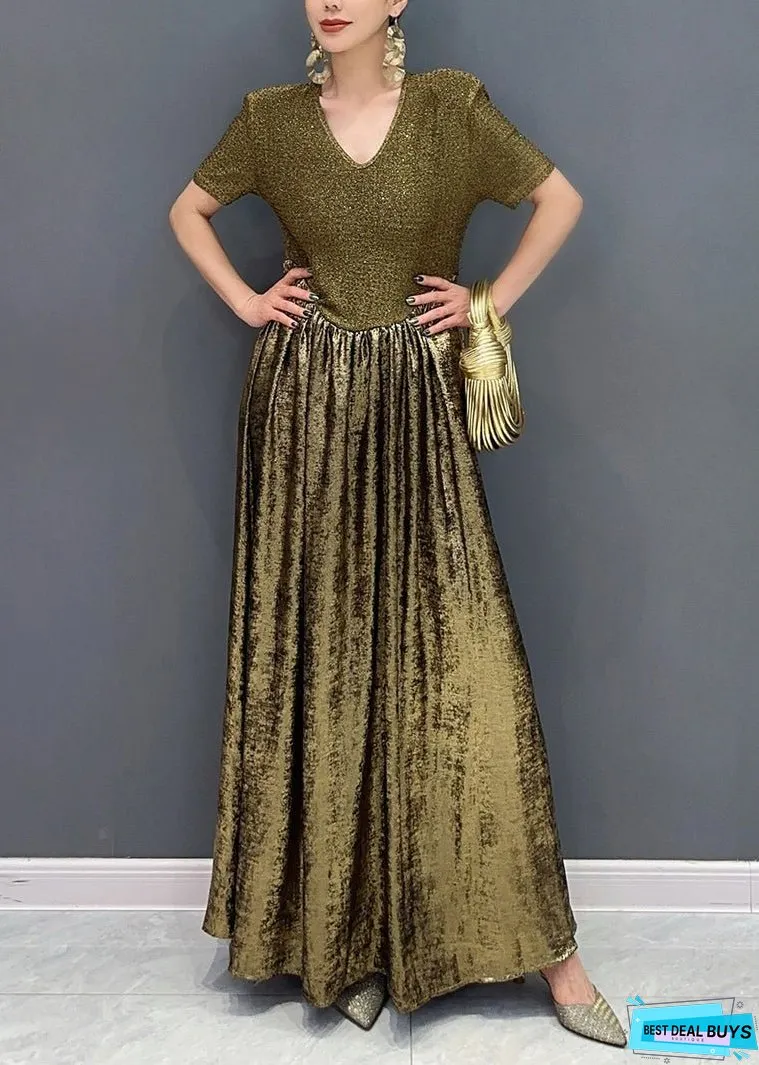 Vogue Gold V Neck Sequins Long Dresses Summer