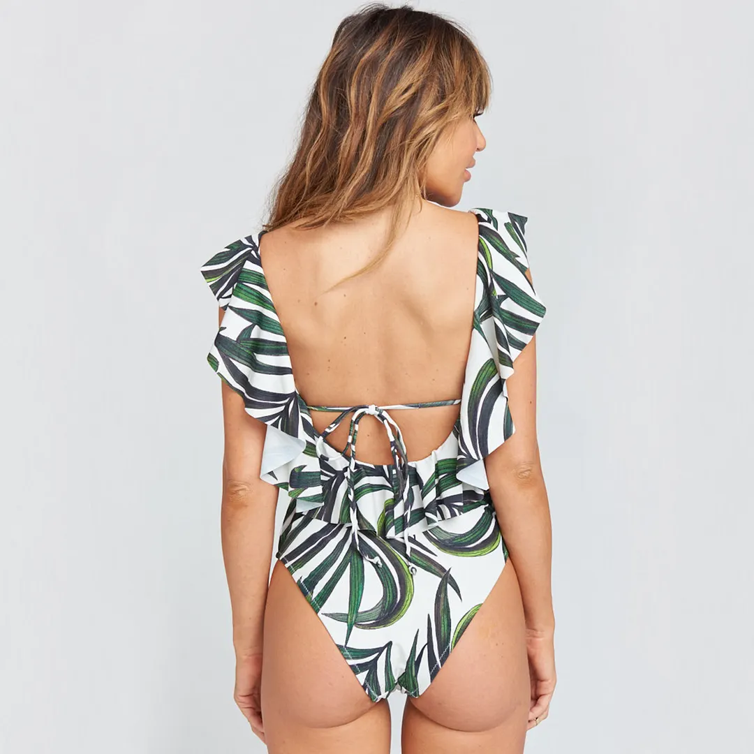 Churchf Printed Flowers Even Lotus Leaf Side Body Swimsuit Women 2025 New Swimsuit Bare Back