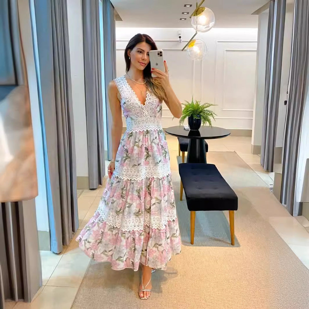 Elegant Women Sleeveless V Neck Lace Large Swing Dress Long