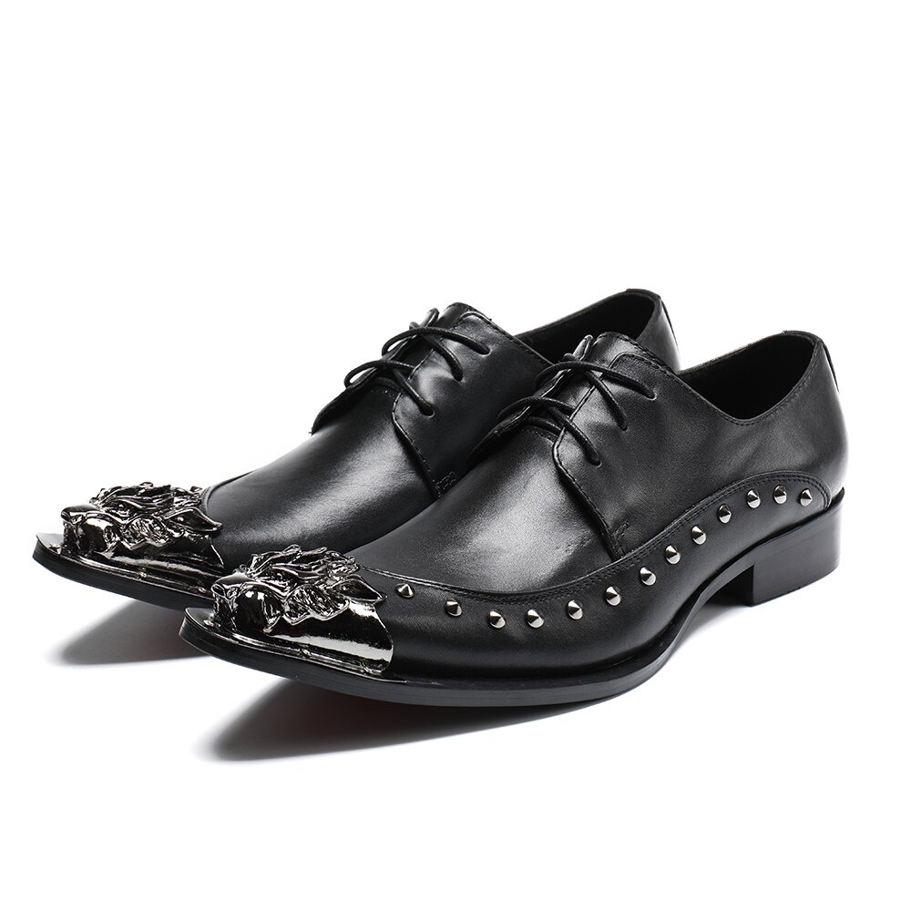 GOOSHOE Men Shoes Rivets Pointed Toe Formal Shoes Leather Dress Shoes Plus Size 38-47