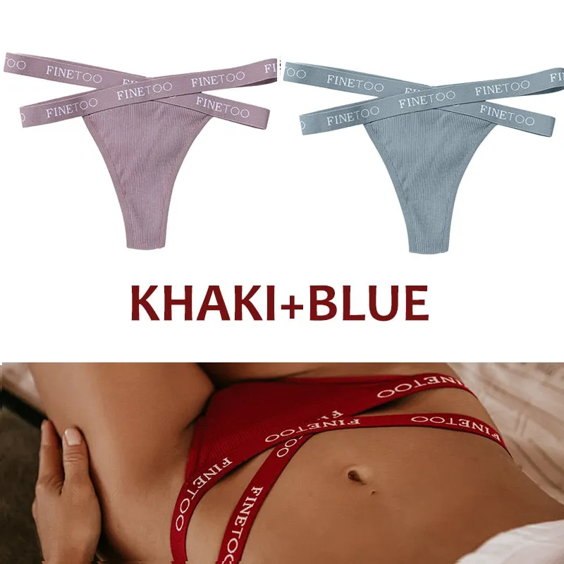 FINETOO 2PCS/Set Women's Cotton G-string Sexy Cross Strap Panties Letter Waisted Underwear Thongs Femme Hollow Out Lady Briefs