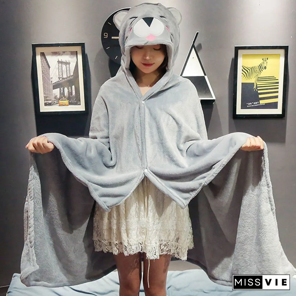 Cartoon Animals Print Plush Wearable Hooded Blanket