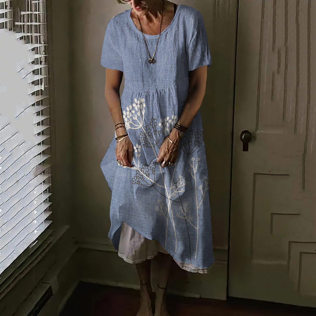 Retro Botanical Print Crew Neck Linen Midi Dress artswardrobe