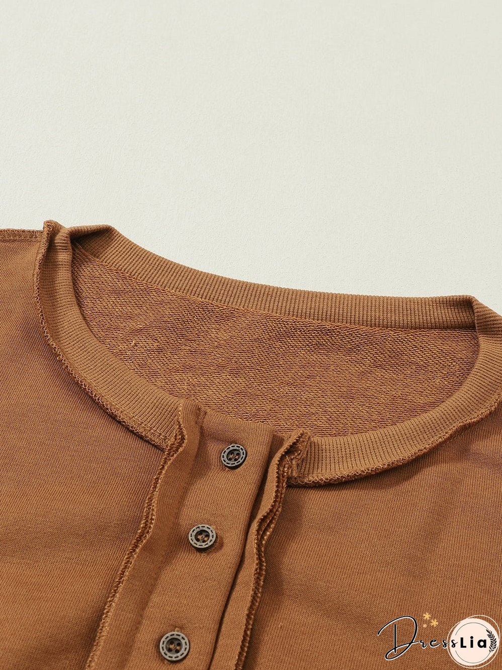 Cozy Brown V-Neck Button Detail Pullover Sweatshirt