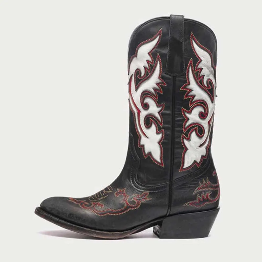  Patchwork Pattern Chunky Heel Round Toe Black Cowboy Boots for Women